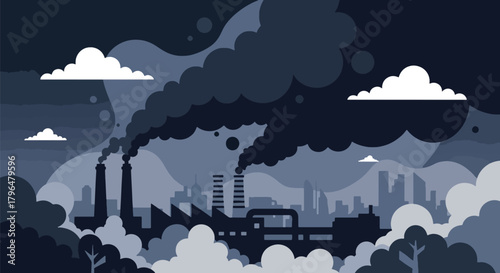 Flat vector explosion at chemical factory releasing dangerous toxic smoke into the sky. Solid tones, no gradients, strong environmental disaster and industrial pollution message