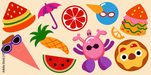 Colorful Summer Vacation Themed Flat Vector Illustration with Fruits Sunglasses Umbrella and a Cute Crab Character