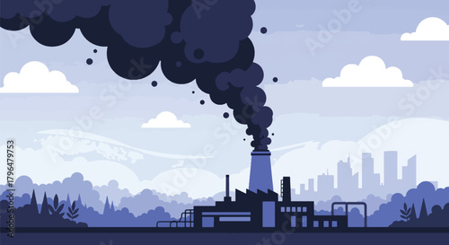 Flat vector explosion at chemical factory releasing dangerous toxic smoke into the sky. Solid tones, no gradients, strong environmental disaster and industrial pollution message