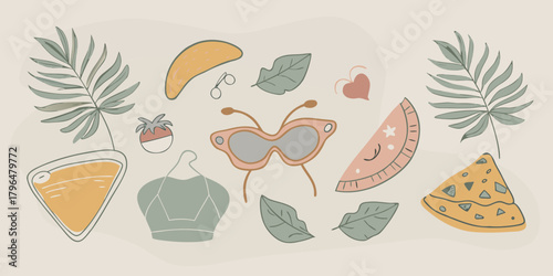 Summer Vacation Flat Lay with Sunglasses Swimsuit Tropical Leaves and Fruit in a Boho Aesthetic