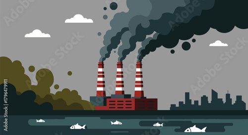 Flat vector old coal power plant releasing dark smoke into sky, polluting air and nearby water sources. Solid colors, no gradients, strong environmental hazard message