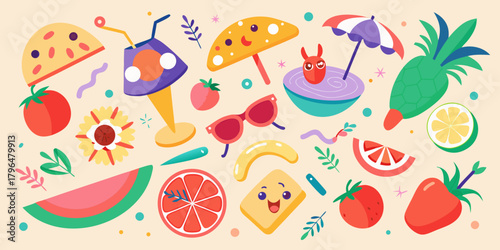 Colorful Summer Themed Flat Lay Illustration with Fruits Drinks and Accessories on Light Background