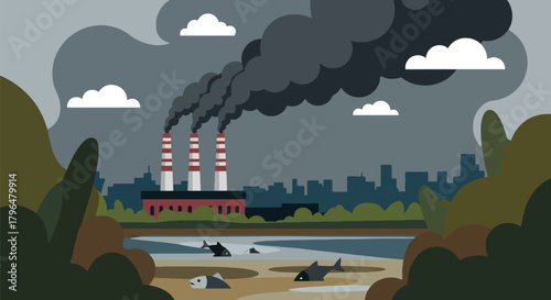 Flat vector old coal power plant releasing dark smoke into sky, polluting air and nearby water sources. Solid colors, no gradients, strong environmental hazard message