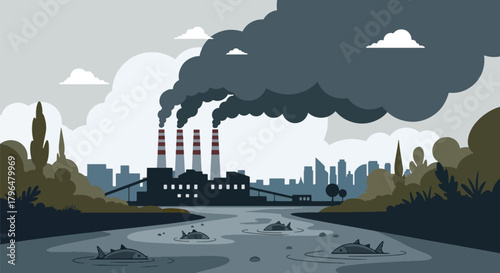 Flat vector old coal power plant releasing dark smoke into sky, polluting air and nearby water sources. Solid colors, no gradients, strong environmental hazard message