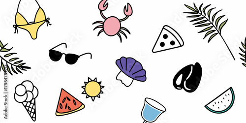 Summer Vacation Doodle Pattern with Beach Icons