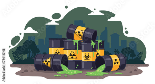 Flat vector barrels leaking radioactive nuclear liquid into soil, creating dangerous contamination and environmental risk. Solid colors, no gradients, strong toxic waste warning