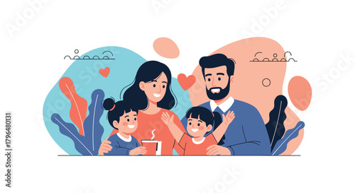 A cheerful family portrait featuring a loving mother, father, and their two happy daughters, surrounded by soft abstract shapes and foliage, conveying warmth and unity.