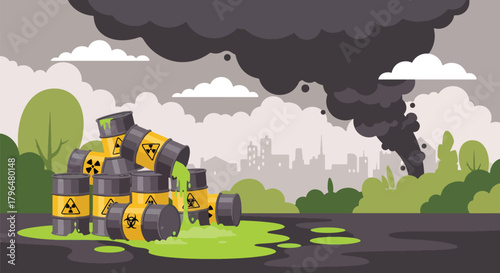 Flat vector barrels leaking radioactive nuclear liquid into soil, creating dangerous contamination and environmental risk. Solid colors, no gradients, strong toxic waste warning