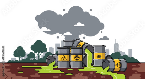 Flat vector barrels leaking radioactive nuclear liquid into soil, creating dangerous contamination and environmental risk. Solid colors, no gradients, strong toxic waste warning