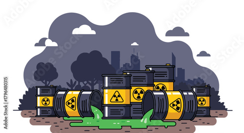 Flat vector barrels leaking radioactive nuclear liquid into soil, creating dangerous contamination and environmental risk. Solid colors, no gradients, strong toxic waste warning