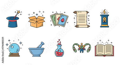 A collection of colorful flat design icons representing various magical, mystical, and fantasy elements.