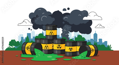 Flat vector barrels leaking radioactive nuclear liquid into soil, creating dangerous contamination and environmental risk. Solid colors, no gradients, strong toxic waste warning