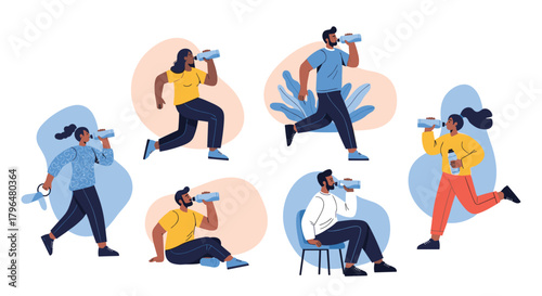 A diverse group of active people, including men and women, stay hydrated by drinking water from bottles while exercising or taking a break.
