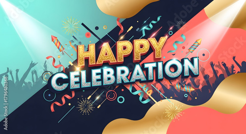 Join the jubilant crowd for a happy celebration party with festive fireworks and confetti falling from the sky during this joyous occasion