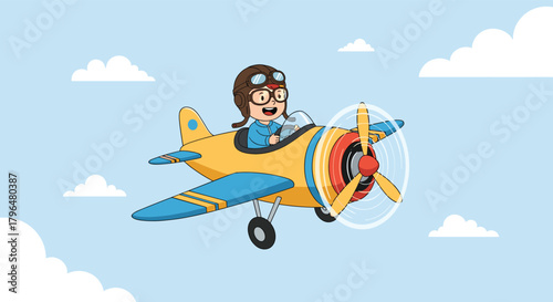 A cheerful cartoon child in an aviator helmet and goggles joyfully flies a vibrant yellow and blue biplane through a clear blue sky with white clouds.