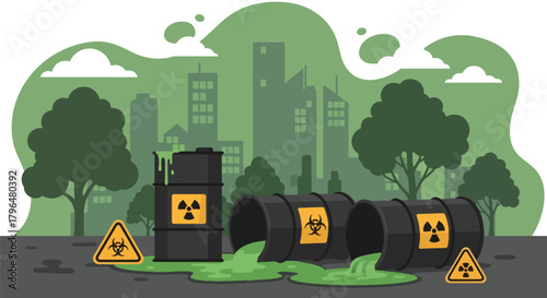 Flat vector barrels leaking radioactive nuclear liquid into soil, creating dangerous contamination and environmental risk. Solid colors, no gradients, strong toxic waste warning