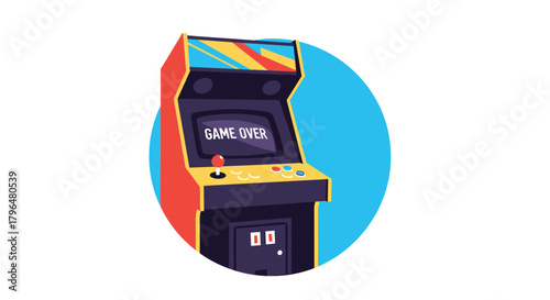 An illustration of a classic arcade game machine displaying \.