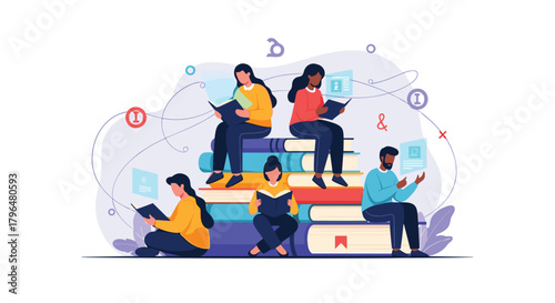 Diverse individuals gather around towering stacks of books, immersed in learning through traditional reading and digital information.