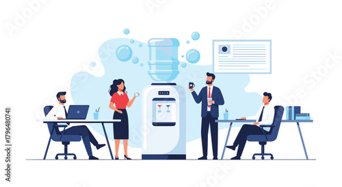 Colleagues take a refreshing break at the office water cooler, socializing and staying hydrated during a busy workday.