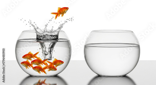 A golden fish leaping from a full water bowl to an empty bowl, capturing a conceptual representation of independence on bright white background, idea of movement.