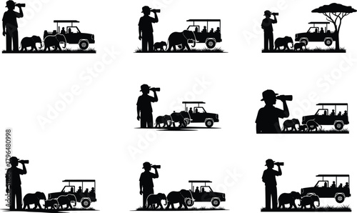 Safari vector illustration, wildlife observation, binoculars, elephant, giraffe, tree, vehicle, silhouette style, nature exploration, outdoor adventure, travel concept, savanna scene