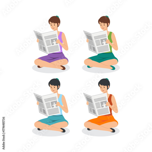 Four illustrations of a woman sitting cross-legged and reading a newspaper.