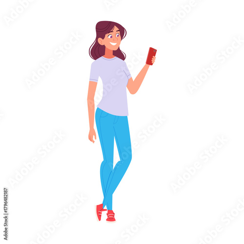 Happy Young Woman Holding Smartphone and Smiling