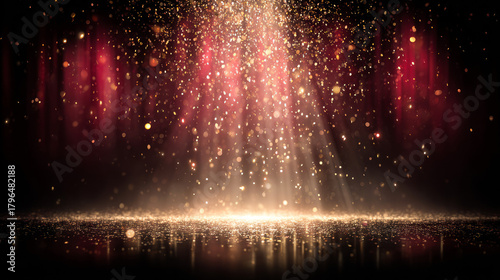 Golden glitter particles cascade down in shafts of light, illuminating a reflective surface against a deep red and black background for a magical effect. © Anucha