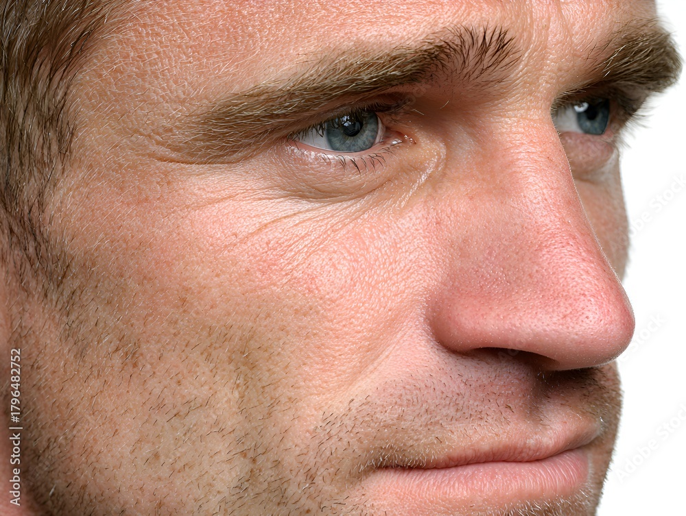 Fototapeta premium Close up view of a middle aged man's face showing skin texture, wrinkles, and piercing blue eyes against a bright white background detail.