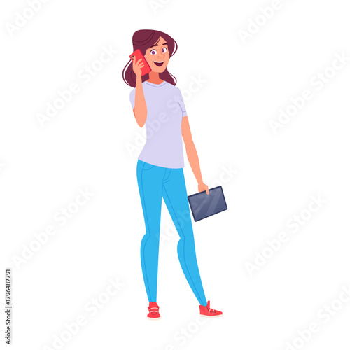 Young Woman Talking on Phone Standing and Holding Tablet