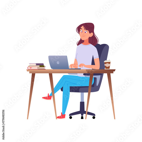 Young Woman Happily Working on Laptop at Home Office Desk