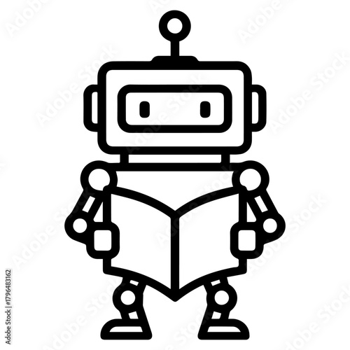 robot looking at a book vector line icon on a white background
Vector line icon