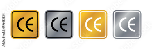 CE Mark Icon Set, European Conformity Certification Symbols, Metallic Compliance Badges and Product Safety Logos