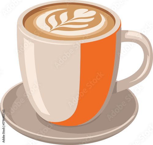 Vector coffee cup with latte art featuring a leaf pattern on a saucer for beverage and cafe themes