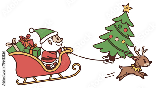 Santa claus christmas sleigh with reindeer pulling christmas tree and gifts holiday season vector art