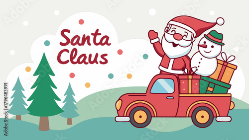 Santa claus christmas delivery truck with snowman and gifts vector illustration holiday season design 100