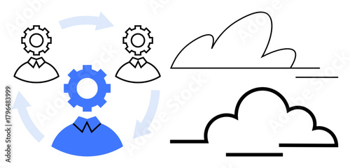 Gear-headed figures connected by arrows symbolizing teamwork and processes, abstract clouds indicating cloud computing. Ideal for collaboration, workflow, automation, innovation, technology, data