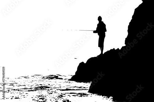 silhouette of a man on a rock, a man fishing on a rock
