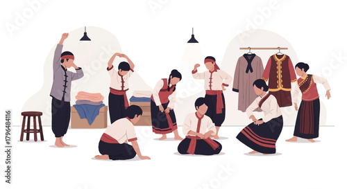 A group of people in traditional clothing are packing and organizing clothes and boxes in a room with a stool and hanging lights.