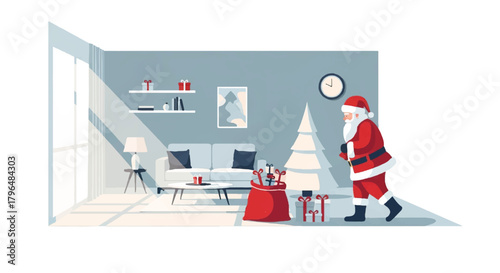 Illustration of Santa Claus entering a modern living room with a Christmas tree and gifts on a festive day indoors.