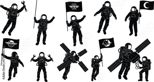 Astronaut silhouette set, space mission icons, black vector designs, flag holding poses, satellite interaction, cosmic exploration, tool usage graphics
