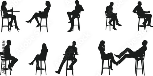 Bar stool silhouettes, people sitting vector, social interaction poses, man woman conversation icon, body language graphic, casual seating design