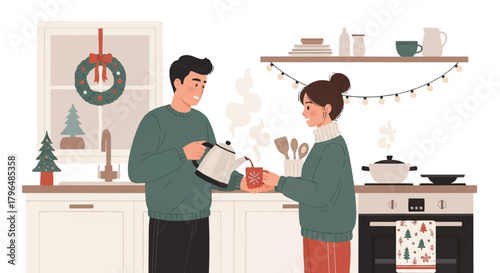 Illustration of a man and woman cooking together in a kitchen decorated for Christmas with festive lights and ornaments on a white background.