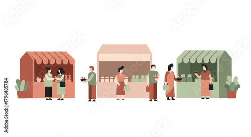 Flat illustration of people shopping and selling at colorful market stalls with awnings on a white background.