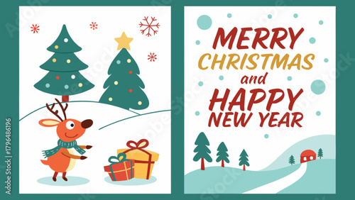 Merry christmas and happy new year greeting card with reindeer christmas tree and gifts vector illustration
