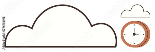 Minimal design with a large outlined cloud and a clock. Ideal for technology, data, storage, planning, time management, digital solutions, innovation. A simple flat metaphor