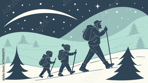Family winter hiking adventure through snowy landscape with trees and starry night sky background scene design