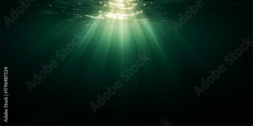 Deep blue ocean water glows as a sunlight ray beam bursts down onto the underwater world scene backdrop with motion