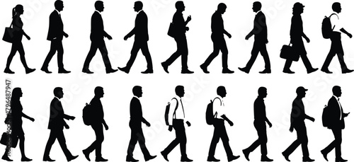 Walking people silhouettes, urban pedestrians, business and casual attire, diverse commuter profiles, side view, vector illustration, isolated, black silhouettes, crowd movement