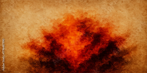 Hot red orange fire inferno with burning paper texture and dark grunge smoke background design